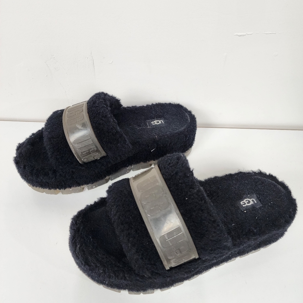 Ugg Fluffita Black Fuzzy Slide Sandals, Size 8 - image 3